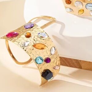 Anthropologie Gold Cuff Bracelet with Multicolor Gems